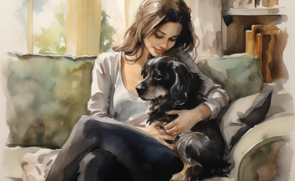 A watercolor painting of a woman sitting on a couch with her dog depicting early signs of health problems in dogs.