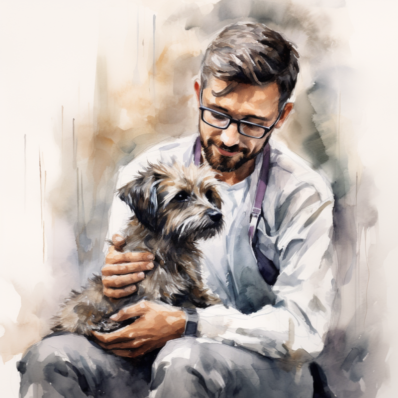 a vet petting a small dog