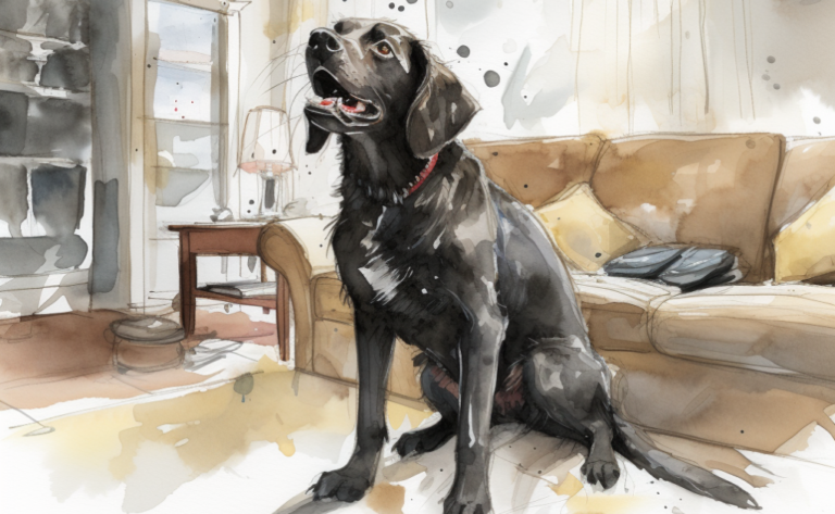 A black dog sitting on a couch, painted in watercolor.