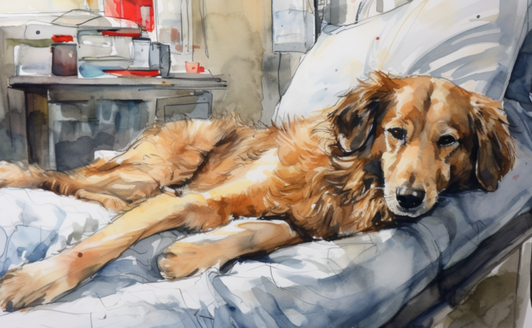 A watercolor painting of a dog with leptospirosis lying in a hospital bed.