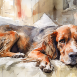 A watercolor painting of a dog on a couch, unaffected by Parvovirus.