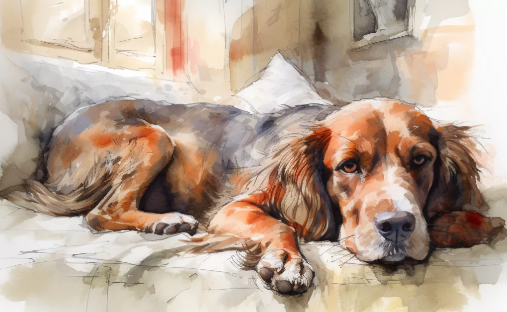 A watercolor painting of a dog on a couch, unaffected by Parvovirus.