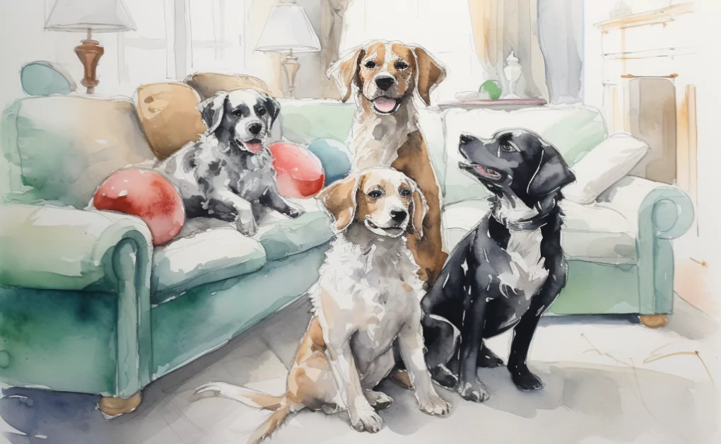 A watercolor painting of a selection of dog breeds in a living room.