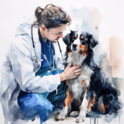 A watercolor painting of a dog with a stethoscope, representing parainfluenza.