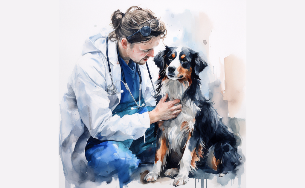 A watercolor painting of a dog with a stethoscope, representing parainfluenza.