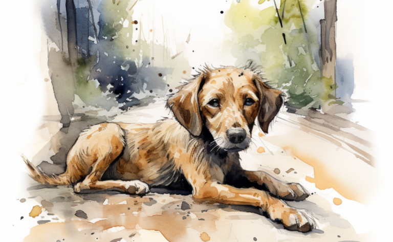 A watercolor painting of a dog with respiratory issues laying on the ground.