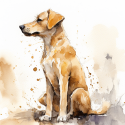 A painting of a dog sitting on the ground.