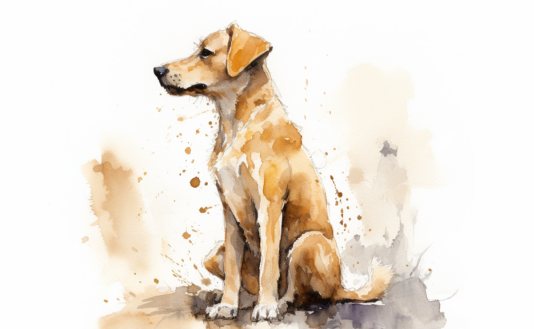 A painting of a dog sitting on the ground.