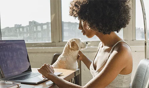 A woman sitting at a desk with a dog in front of her laptop.