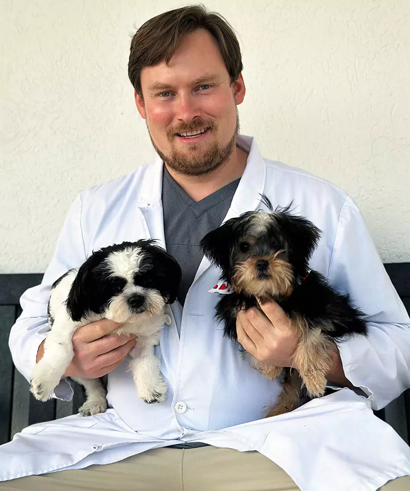 Dr Phil Good holding two small dogs at Beyond Pets Animal Hospital.