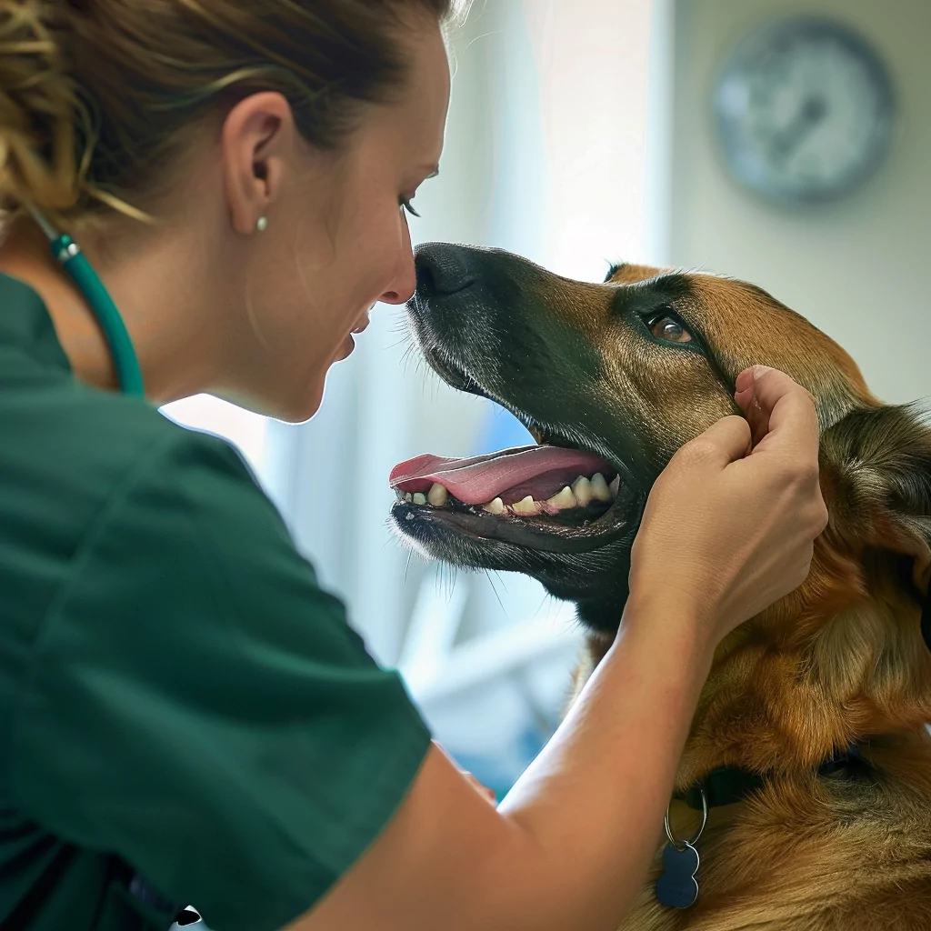A veterinarian from Beyond Pets Animal Hospital, dressed in a green uniform, gently examines a dog's ears in a well-lit room.