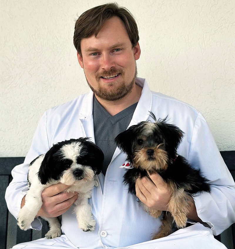 A person in a white coat holds two small dogs, one black and white and one mostly black, standing against a plain light-colored background.